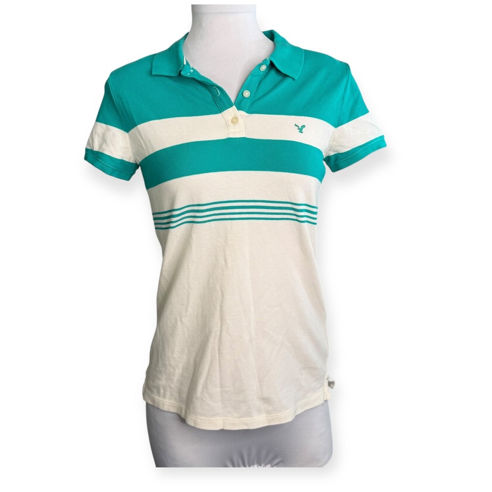 American Eagle Outfitters Y2K Striped‎ Teal White Polo Shirt Medium